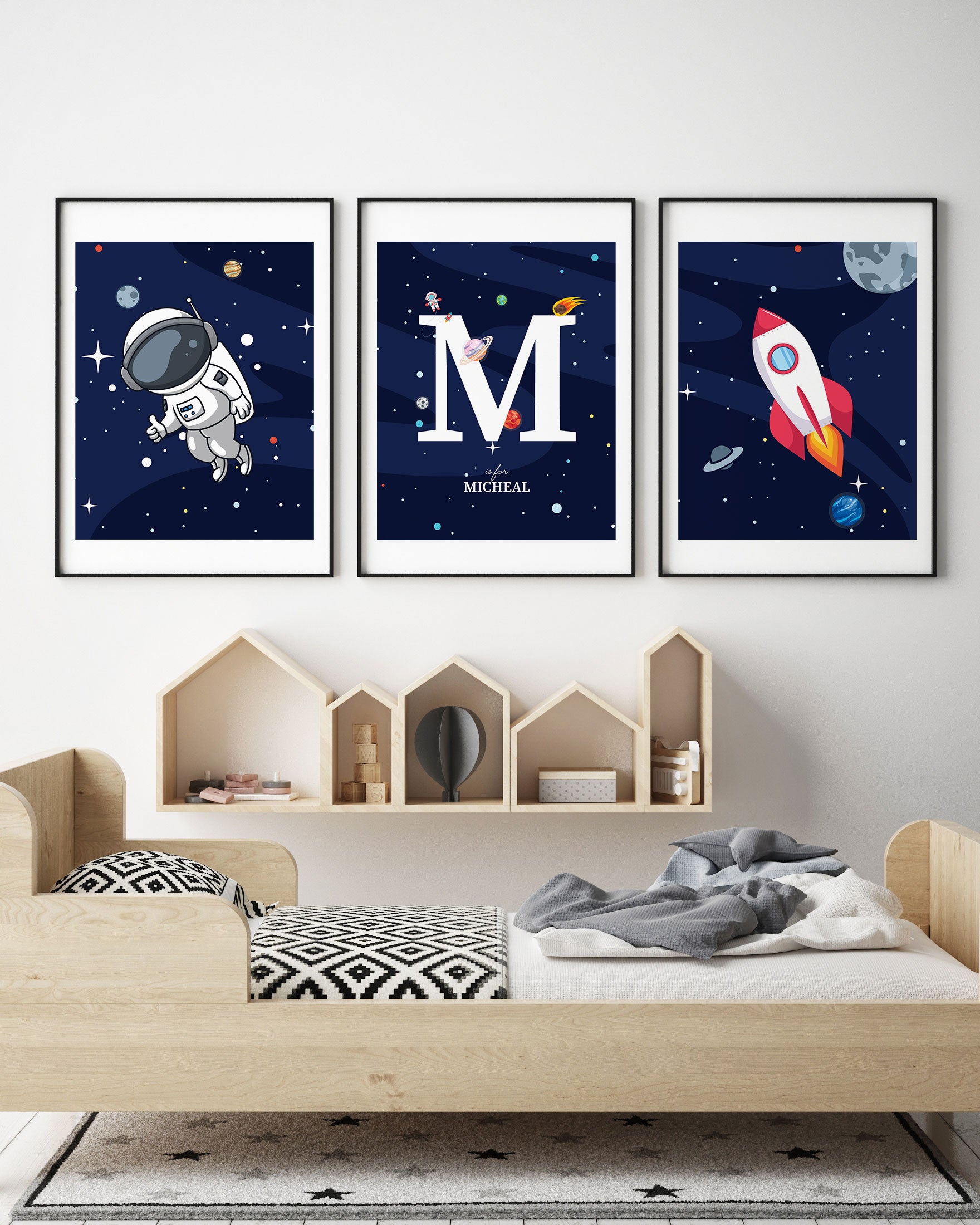 Personalized Gift Set of 3 Space Prints Galaxy Wall Art Nursery Name Sign Artwork Inspirational Kids Poster Kids Wall Art Space lovers, Size: Canvas